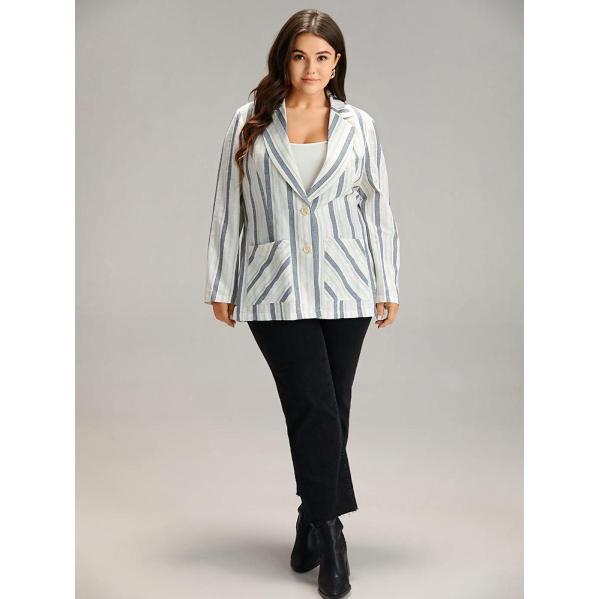 Plus Size Striped Suit Collar Pocket Blazer Blue Women Dailywear Striped Contrast Sleeve Long Sleeve Suit Collar 12/L Pocket Casual Blazers BloomChic Product Image
