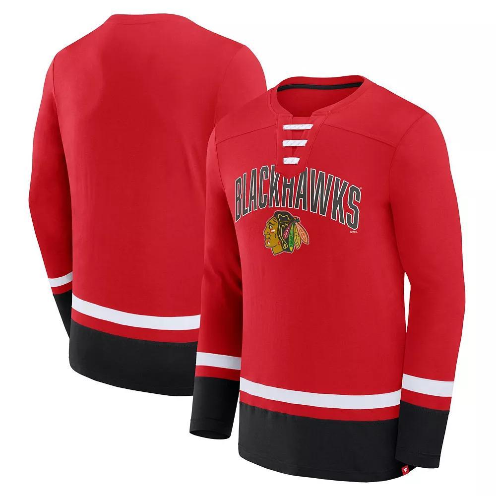 Men's Fanatics Branded Red Chicago Blackhawks Back Pass Lace-Up Long Sleeve T-Shirt, Size: Small Product Image