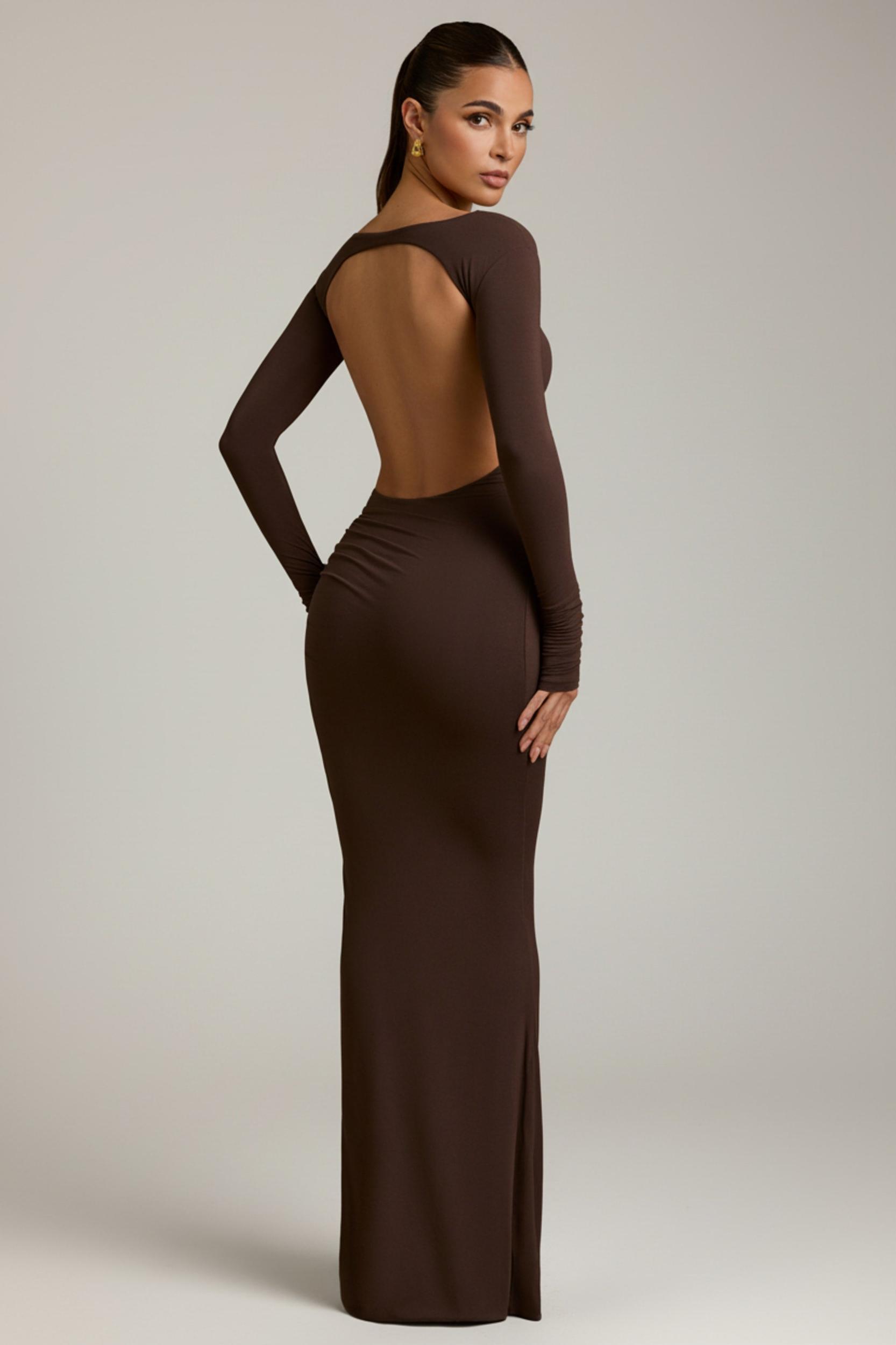 Modal Ruched Backless Maxi Dress in Chocolate Brown Product Image