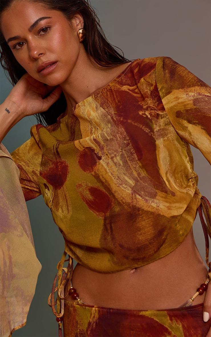  Green Abstract Print Bead Trim Chiffon Beach Top Product Image