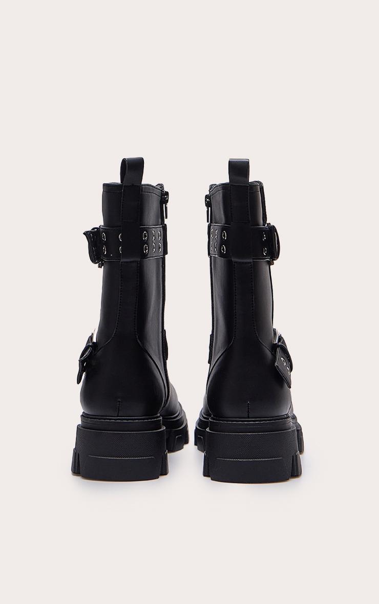 Black Wide Fit PU Chunky Sole Buckle Ankle Boots Product Image