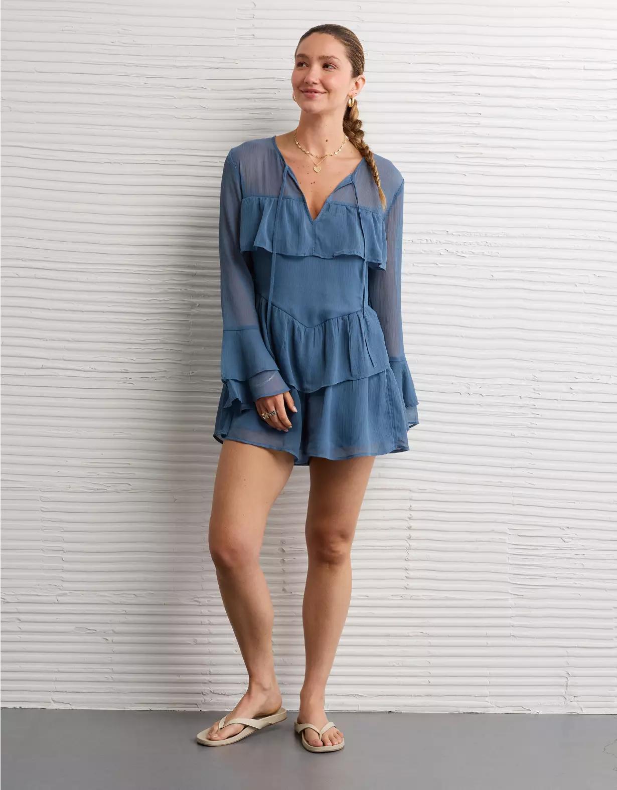 AE Long-Sleeve Ruffle Romper Product Image