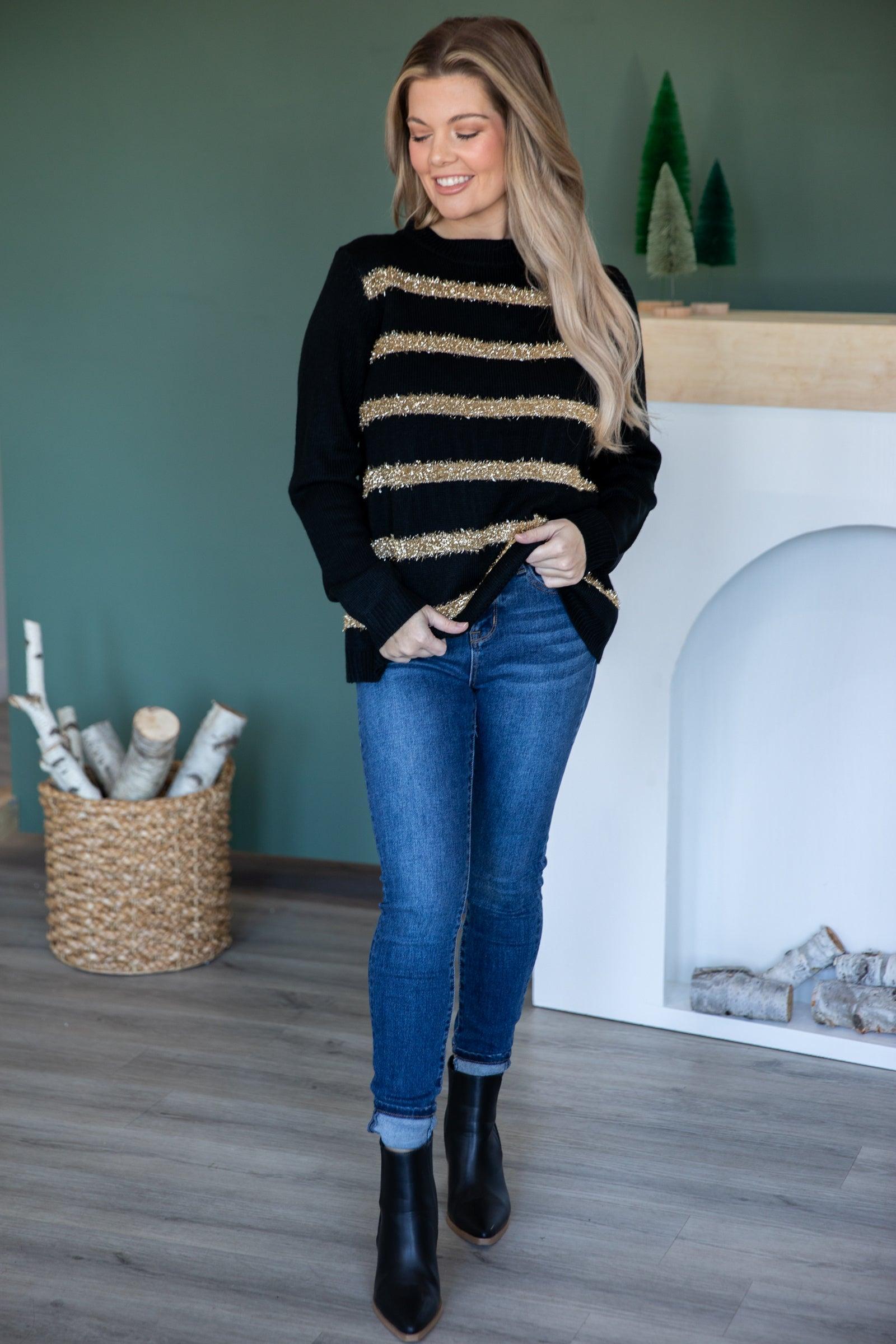 Black Sweater With Gold Lurex Stripes Product Image
