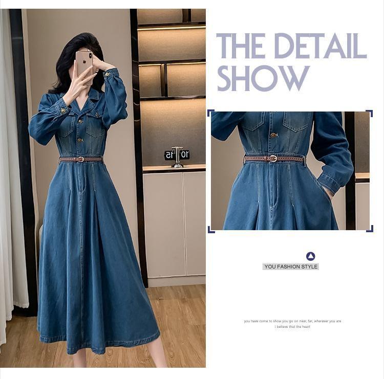 Puff Sleeve Collared Washed Button Midi A-Line Denim Dress Product Image