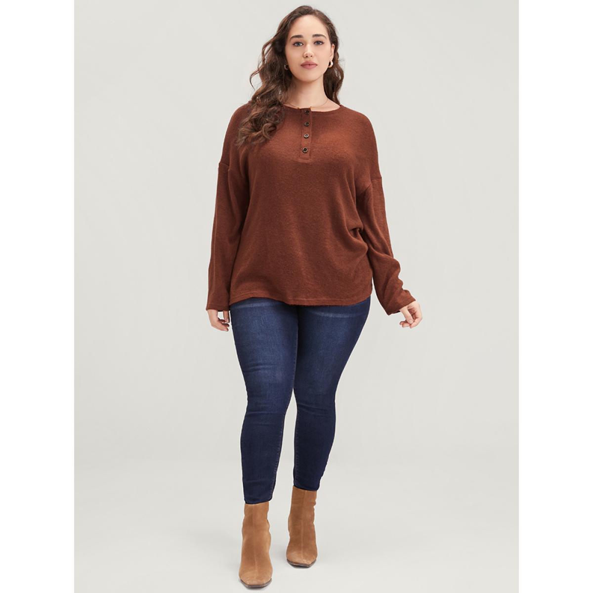 Plus Size Solid Button Up Round Neck Sweatshirt Women Rust Elegant Button Round Neck Dailywear Sweatshirts BloomChic 12/L Product Image