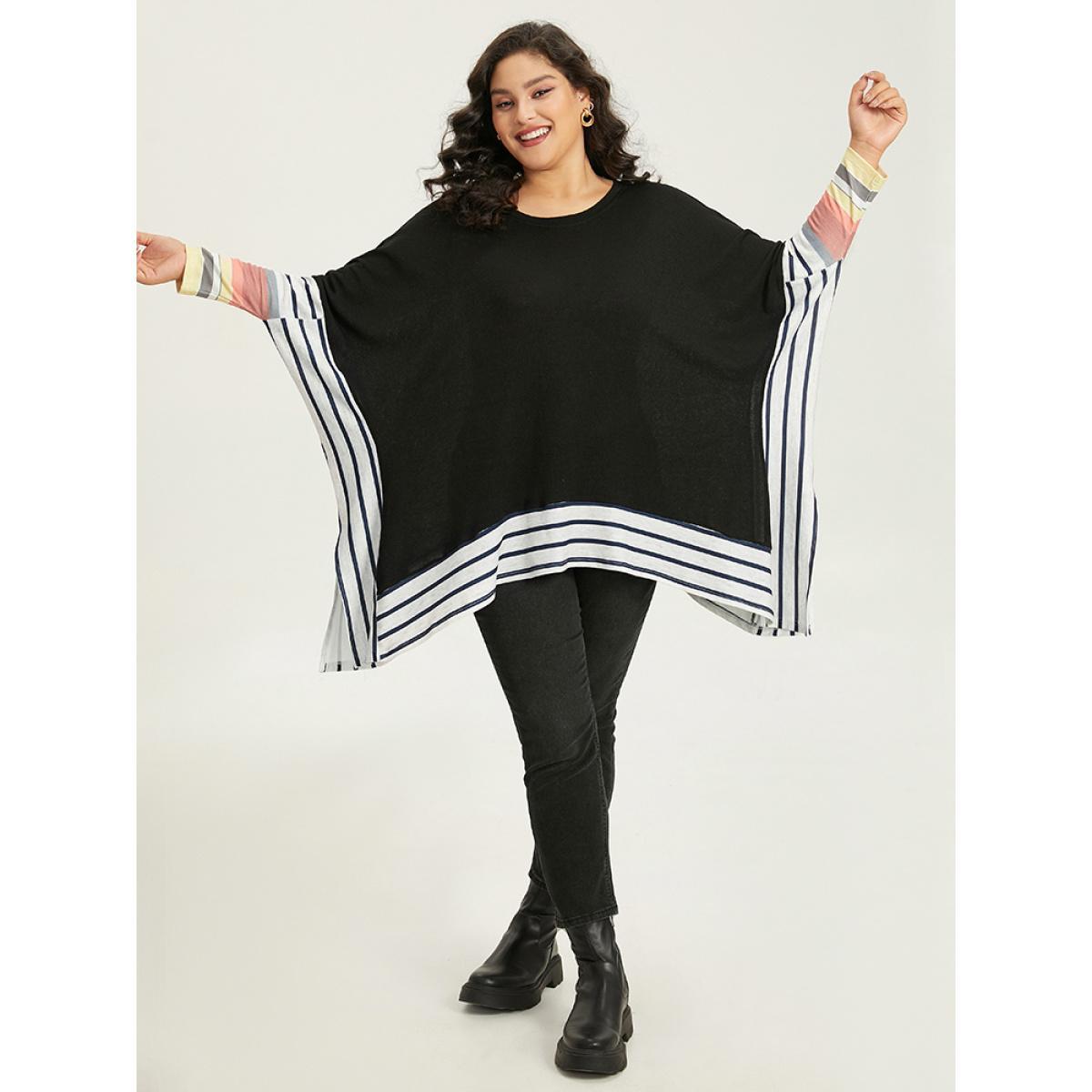 Plus Size Striped Patchwork Colorblock Contrast Crew Neck Sweatshirt Women Black Casual Contrast Round Neck Dailywear Sweatshirts BloomChic 10/M Product Image