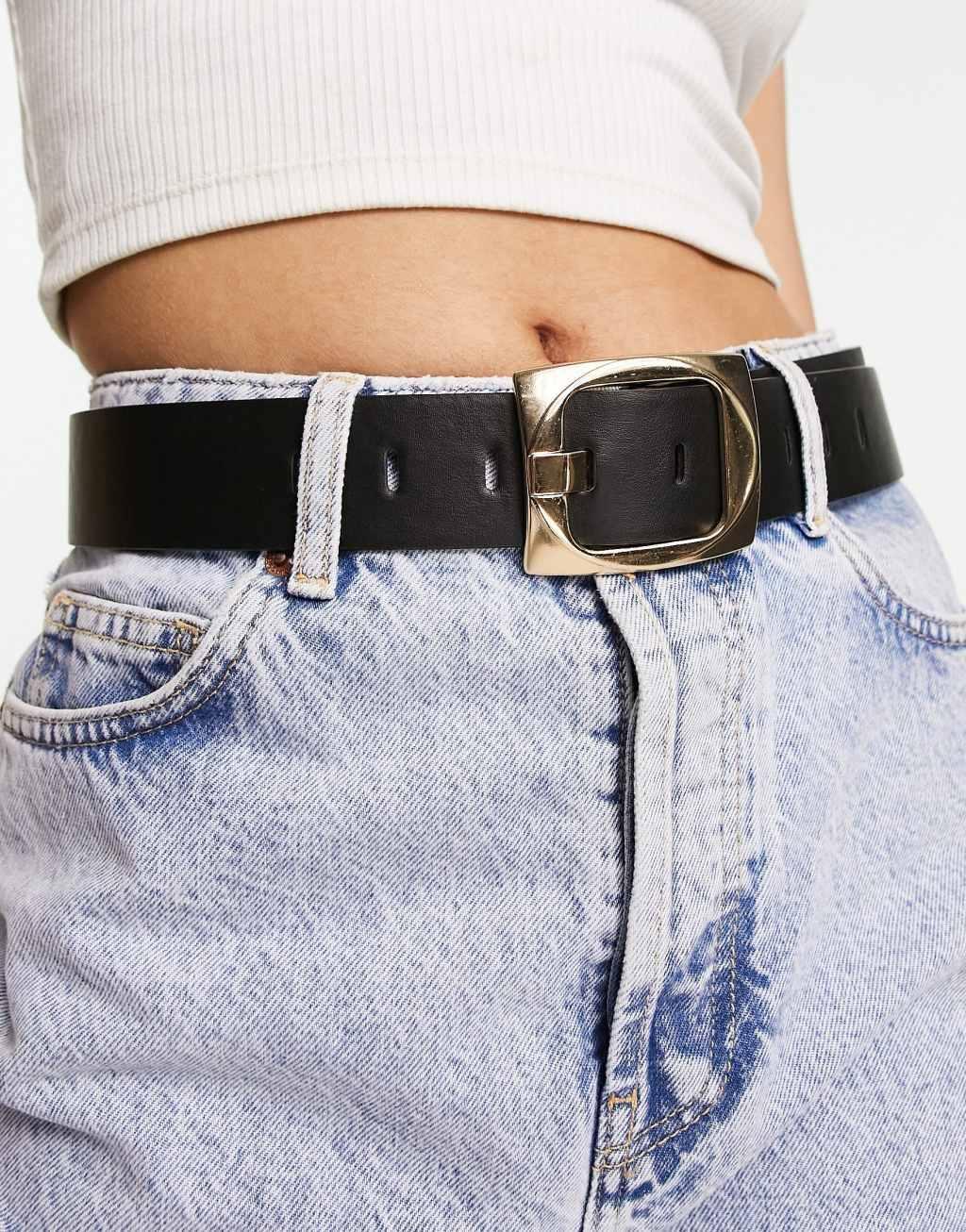 ASOS DESIGN chunky gold buckle waist and hip jeans belt Product Image