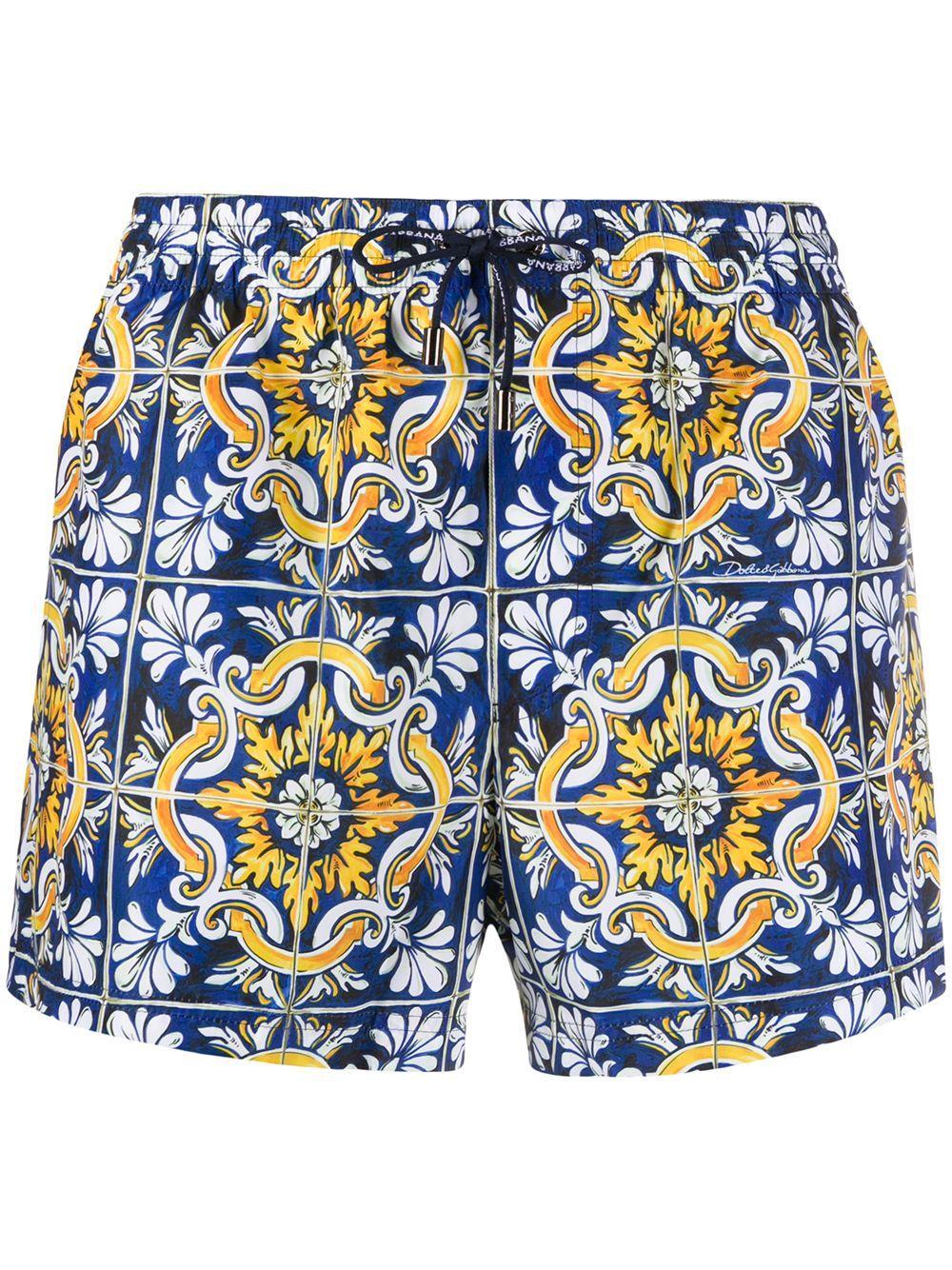 Short Swimming Trunks With Maiolica Print On A Blue Background Product Image