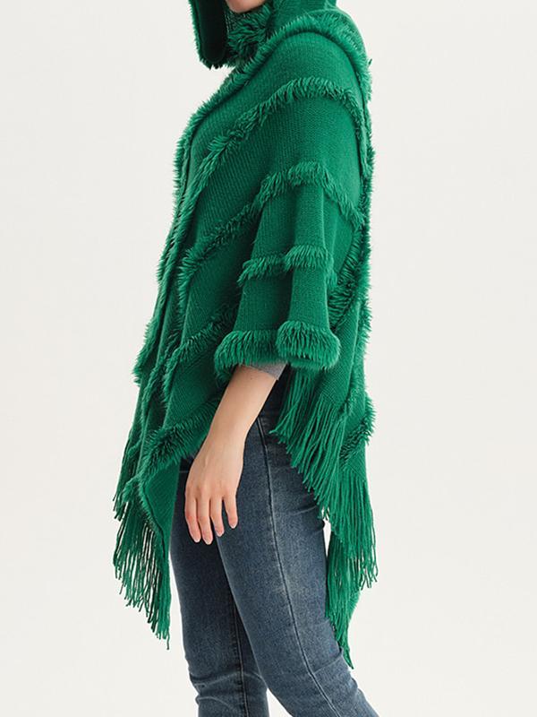 Hooded Keep Warm Solid Color Tasseled Cape Shawl&Cloak Product Image