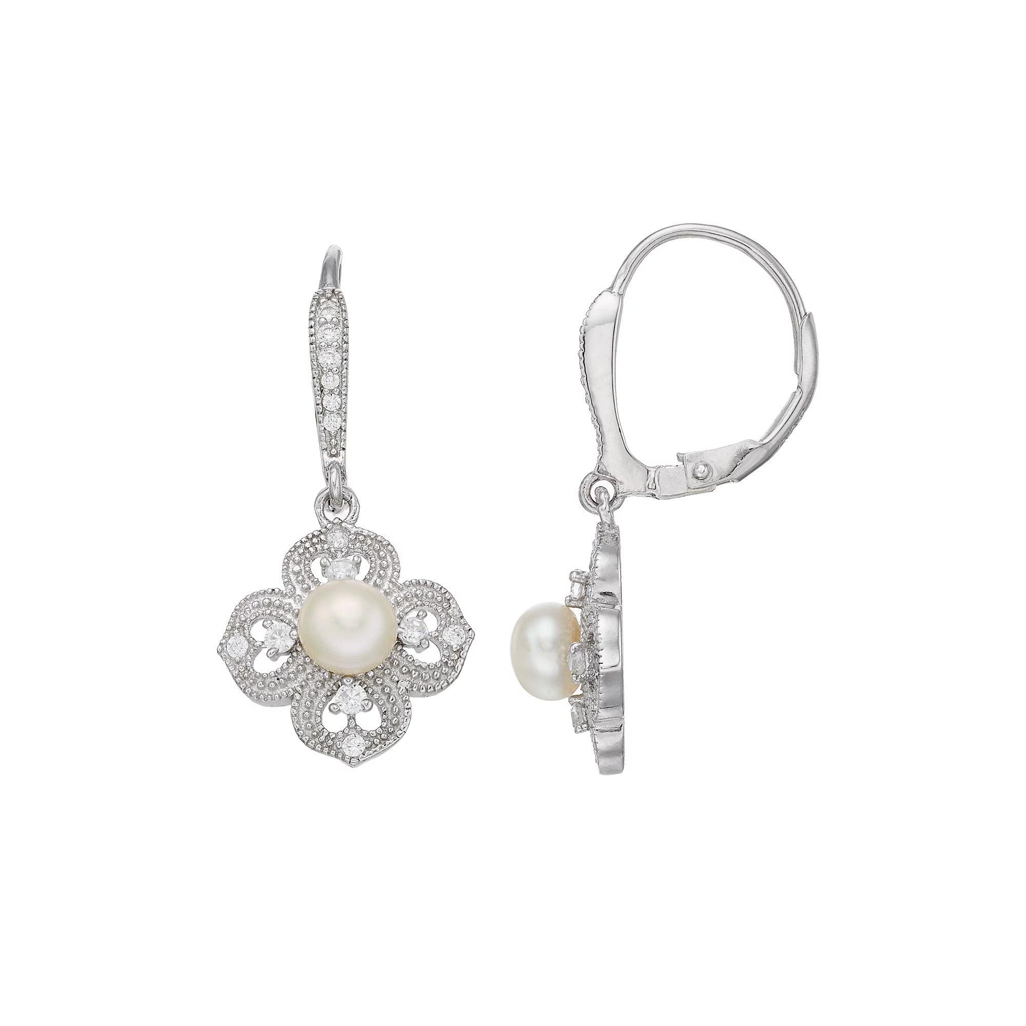Sterling Silver Freshwater Cultured Pearl & Cubic Zirconia Flower Drop Earrings, Women's Product Image