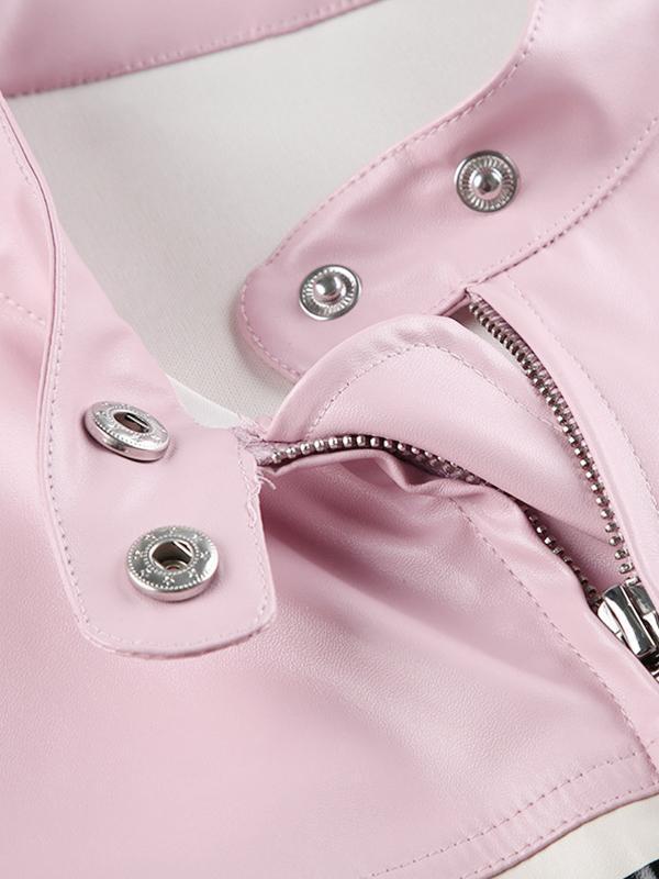 Striped Contrast Color Splice Leather Jacket Product Image