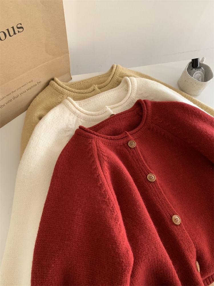 Round Neck Plain Button Cardigan Product Image