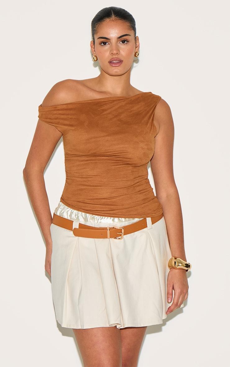 Plus Cream Double Waistband Belted Tailored Mini Skirt Product Image