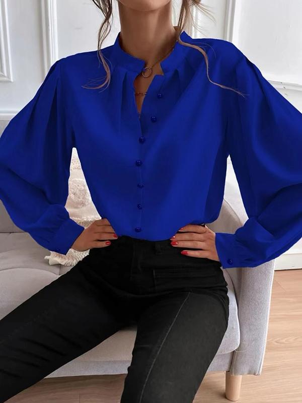 Loose Puff Sleeves Pleated Solid Color Split-Joint Stand Collar Blouses Product Image