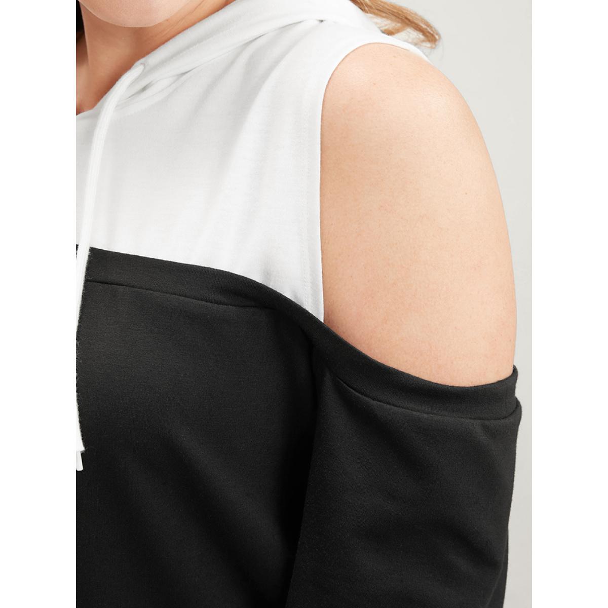 Plus Size Colorblock Contrast Drawstring Cut Out Sweatshirt Women Black Casual Contrast Hooded Dailywear Sweatshirts BloomChic 14-16/1X Product Image