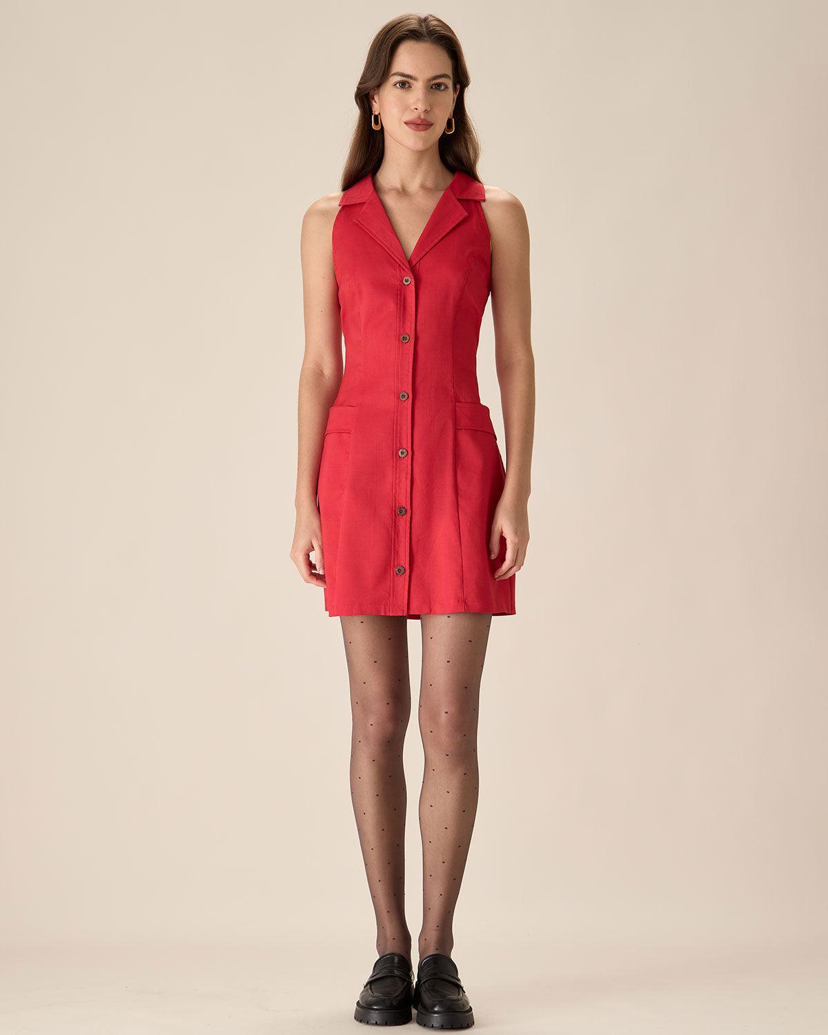 Red Collared Pocket Button Mini Dress Product Image