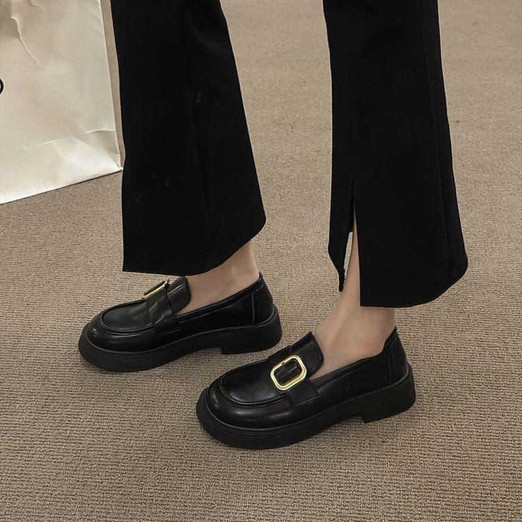 Platform Plain Buckled Faux Leather Loafers Product Image