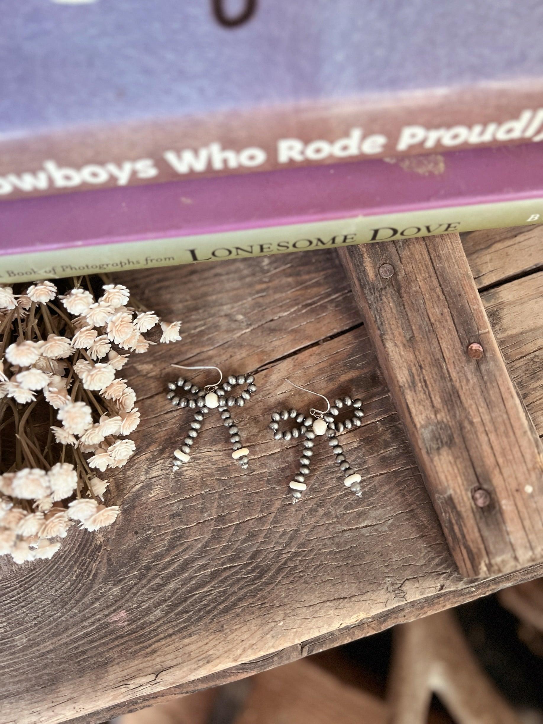 Silver Navajo Inspired Beaded Bow Dangle Earrings - White Product Image