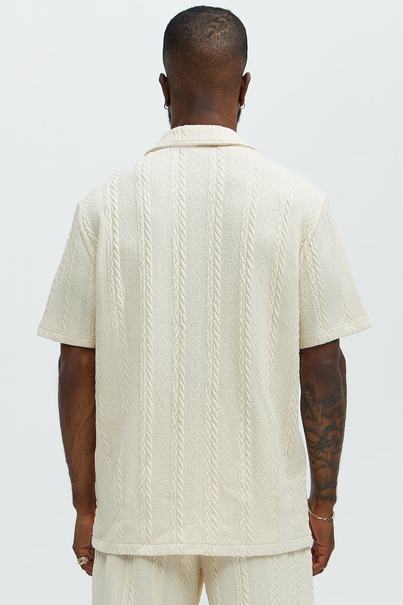 Textured Stripes Cuban Short Sleeve Button Up Shirt - Cream Product Image