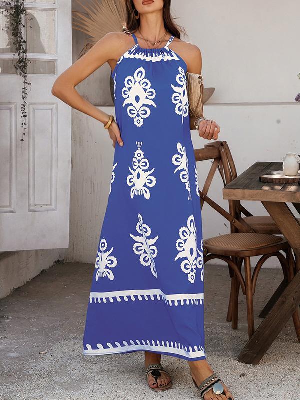 A-Line Loose Contrast Color Halter-Neck Maxi Dresses Product Image