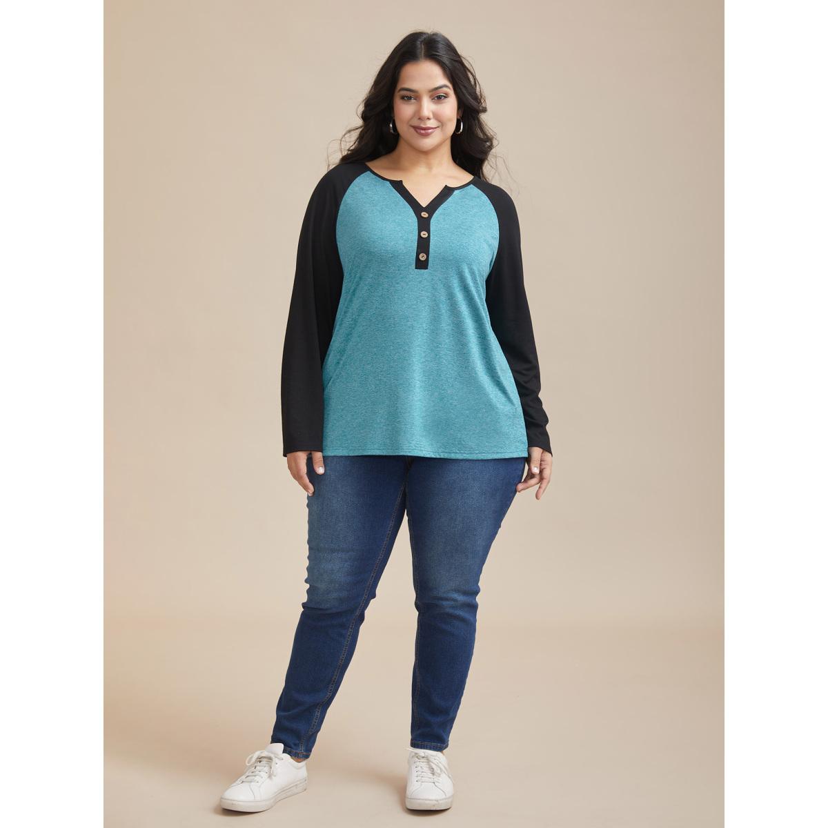 Plus Size Heather Patchwork Button Detail Stretchy T-Shirt Cerulean Women Casual Contrast Flat collar with V-notch Everyday T-shirts BloomChic 14-16/1X Product Image