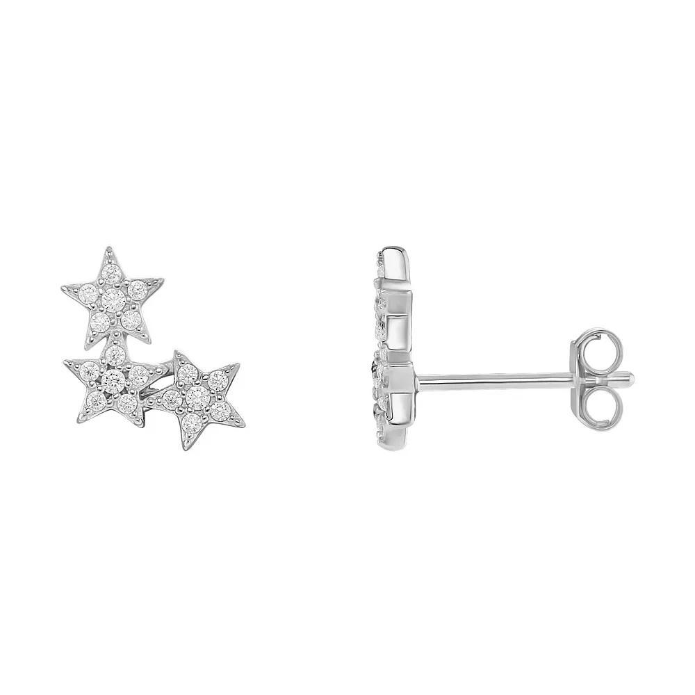 PRIMROSE Sterling Silver Pave Cubic Zirconia Triple Star Crawler Stud Earrings, Women's, Silver Tone Product Image