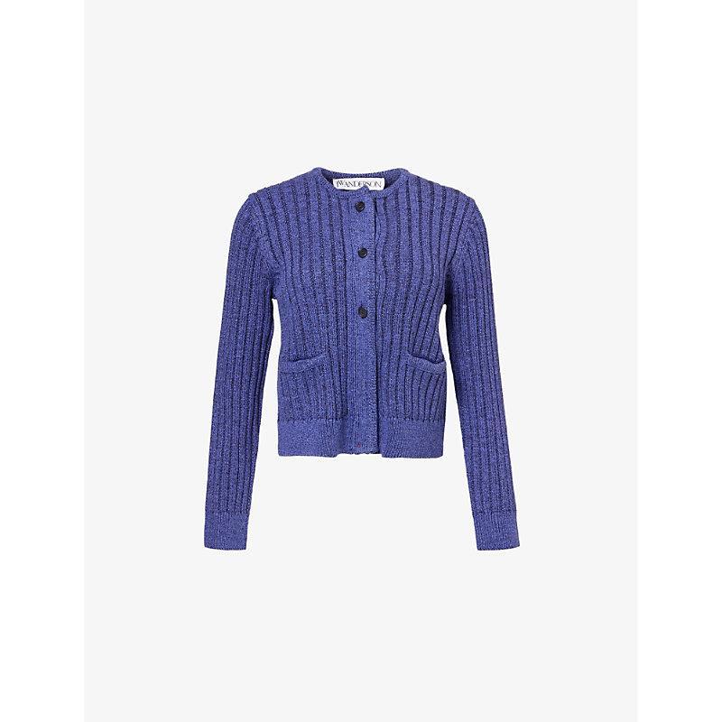 JW ANDERSON Mens Light Indigo Round-neck Cropped Cotton-blend Cardigan Product Image