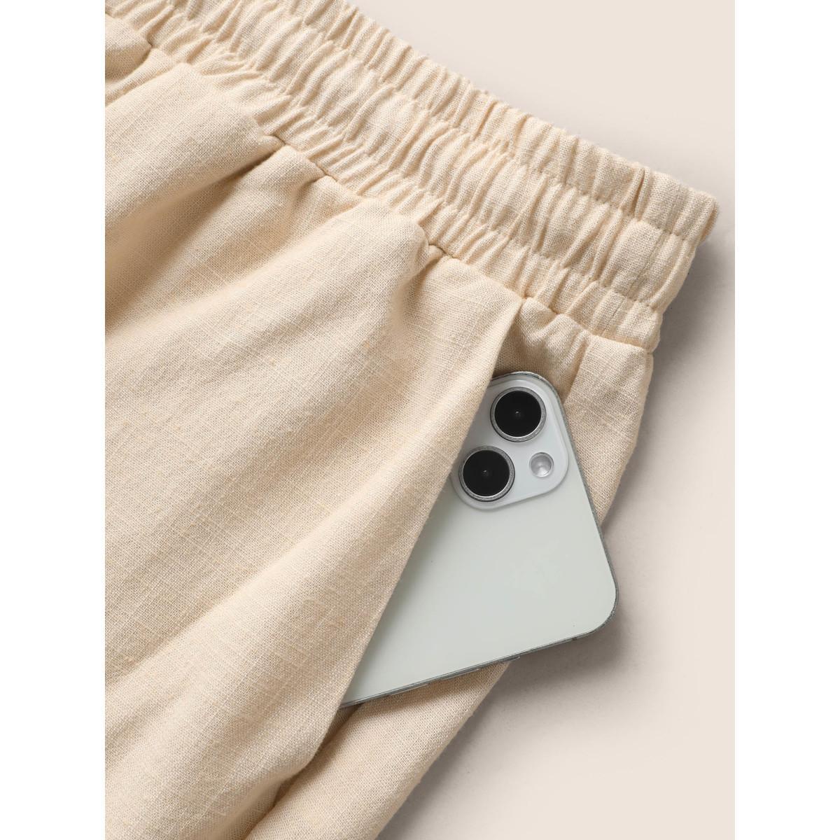 Plus Size Linen Blend Drawstring Mid Rise Wide Leg Pants Women Beige Casual Wide Leg Mid Rise Everyday Pants BloomChic 10/M Product Image