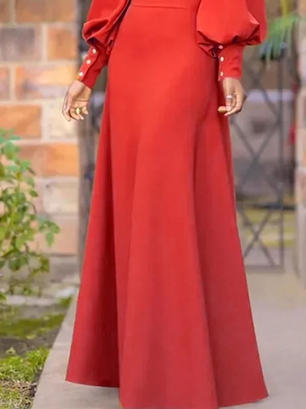 Long Sleeves Loose Buttoned Hollow Solid Color Split-Joint Round-Neck Maxi Dresses Product Image
