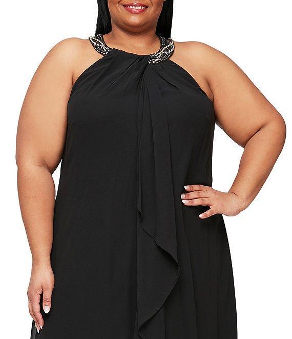 Ignite Evenings Plus Size Braid Bead Halter Neck Sleeveless Ruffle Chiffon Dress Product Image