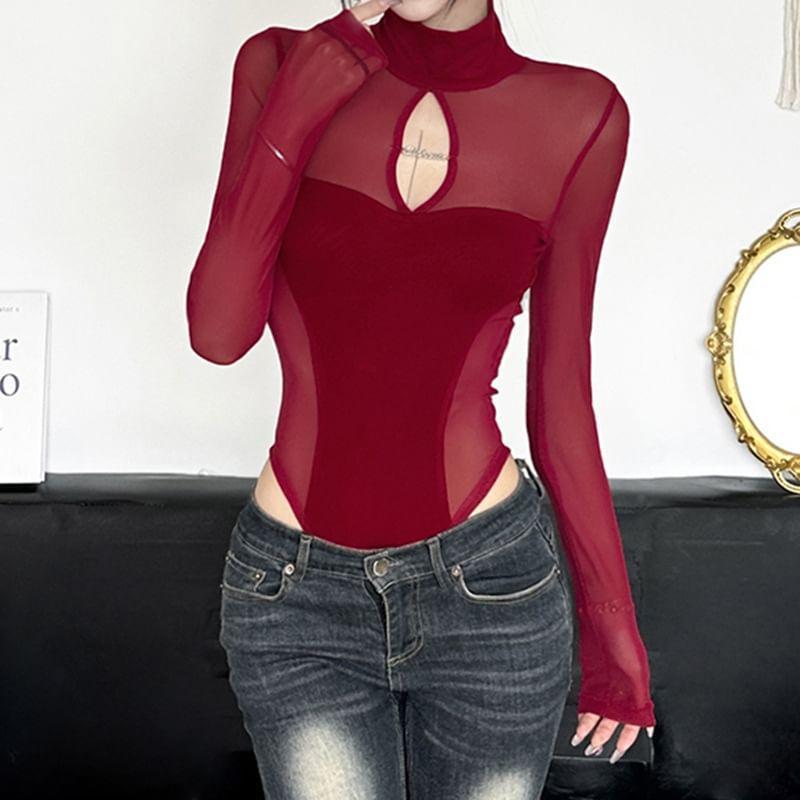 Long-Sleeve Turtleneck Cutout Mesh Bodysuit Top Product Image