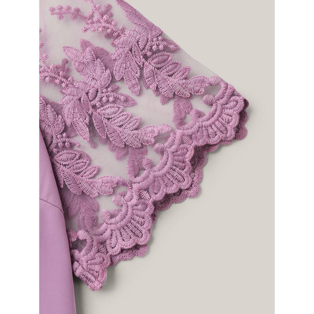 Plus Size Lilac Spliced Sheer Sleeve Plain Curvy Fit Blouse Women Elegant Short sleeve Round Neck Everyday Blouses BloomChic 28/5X Product Image