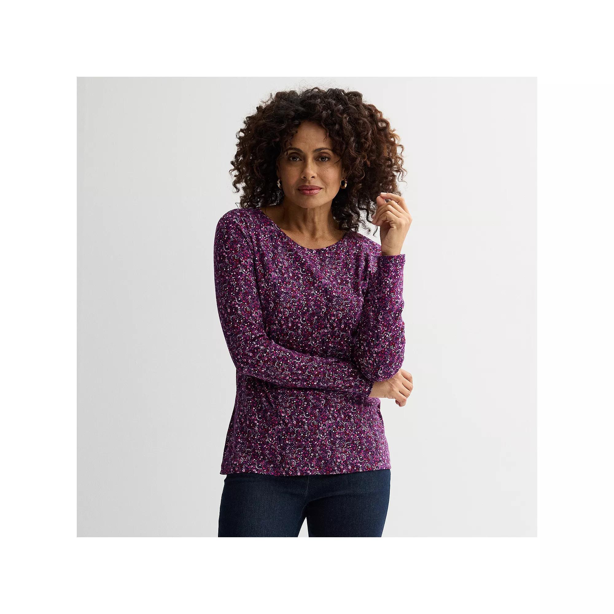 Women's Croft & Barrow® Essential Long-Sleeve Crewneck Tee, Size: XS, Red Pink Tiny Blooms Product Image