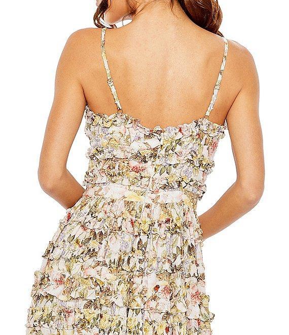Mac Duggal Floral Print V-Neck Spaghetti Strap Ruffle Embellished A-Line Maxi Dress Product Image