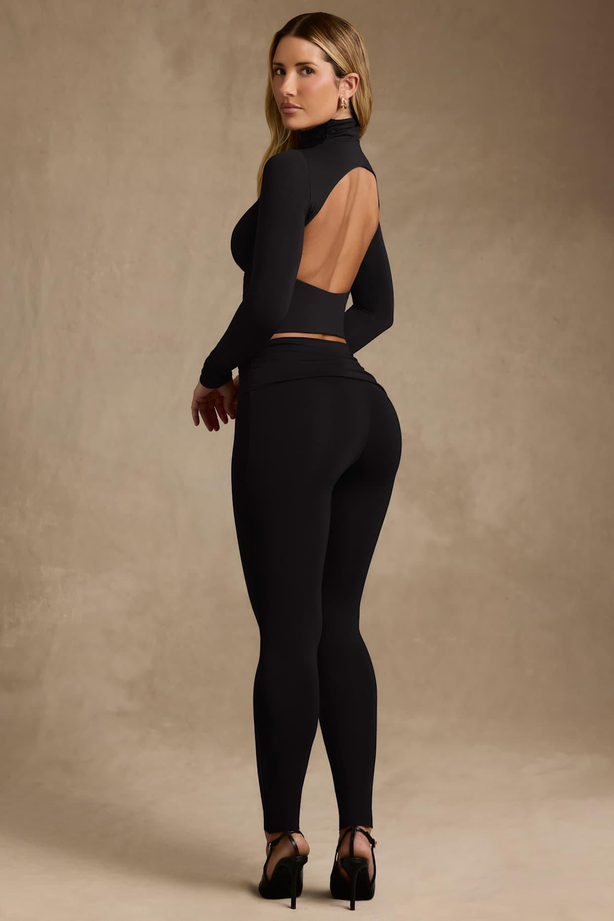 Modal Ruched Mid-Rise Leggings in Black Product Image