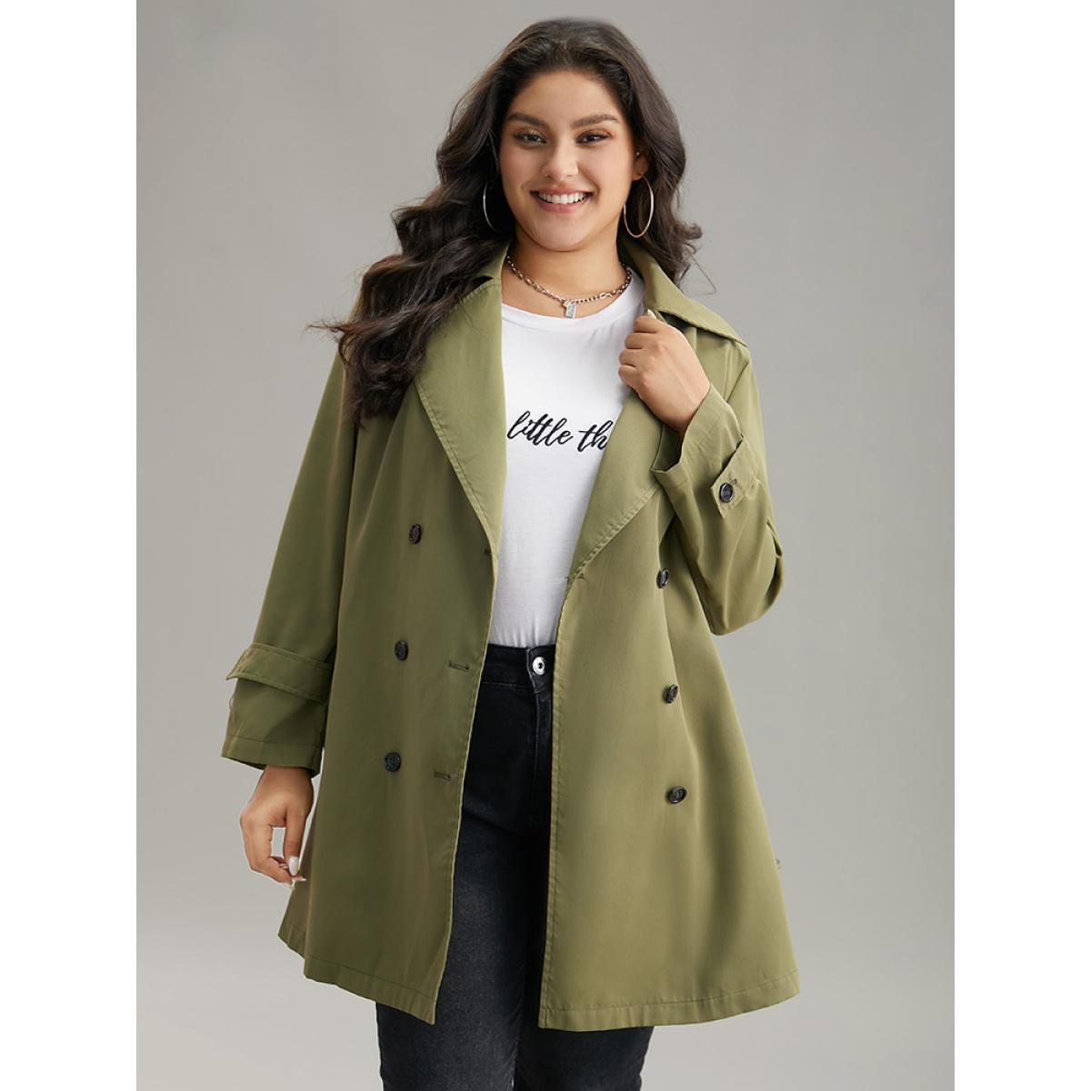 Plus Size Plain Double Breasted Belted Pocket Windbreaker Women ArmyGreen Casual Plain Ladies Dailywear Winter Coats BloomChic 28/5X Product Image