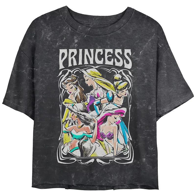 Disneys Belle, Rapunzel, Cinderella, Jasmine & Ariel Princess Profile Portrait Juniors Cropped Graphic Tee Top Mineral Wash Juniors Graphic Tee, Womens Product Image