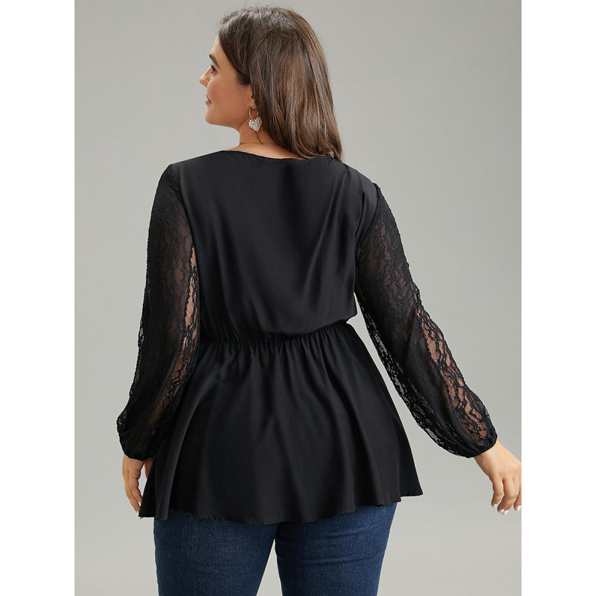 Plus Size Black Crochet Lace Bowknot Elastic Waist Blouse Women Elegant Long Sleeve Square Neck Dailywear Blouses BloomChic 30/6X Product Image