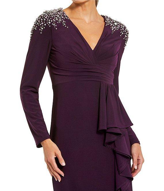 Mac Duggal Jersey Knit V-Neck Long Sleeves Beaded Shoulder Ruffle Sheath Gown Product Image
