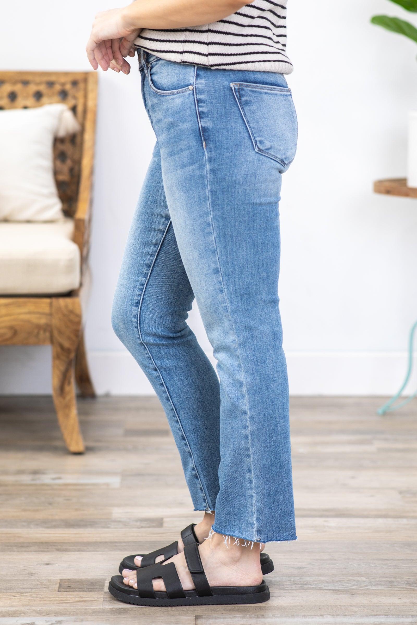 Risen Mid Rise Raw Hem Straight Leg Jeans Product Image