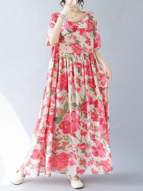 A-line Batwing Sleeves Flower Print Pleated Split-Joint Round-neck Midi Dresses Product Image