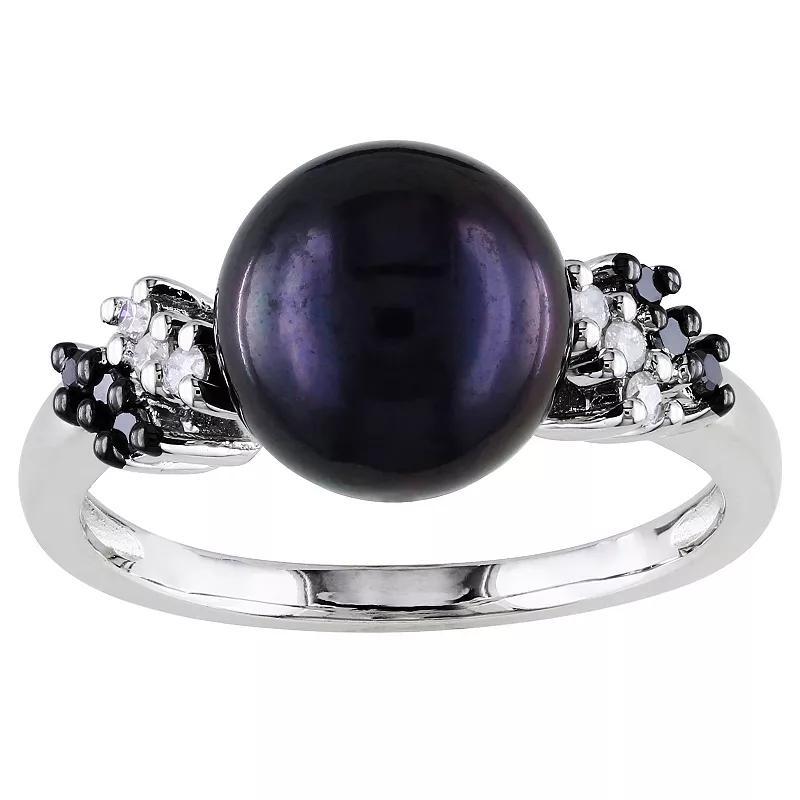 Stella Grace Sterling Silver 1/8 Carat T.W. Black & White Diamond and Dyed Black Freshwater Cultured Pearl Ring, Women's, Size: 6 Product Image