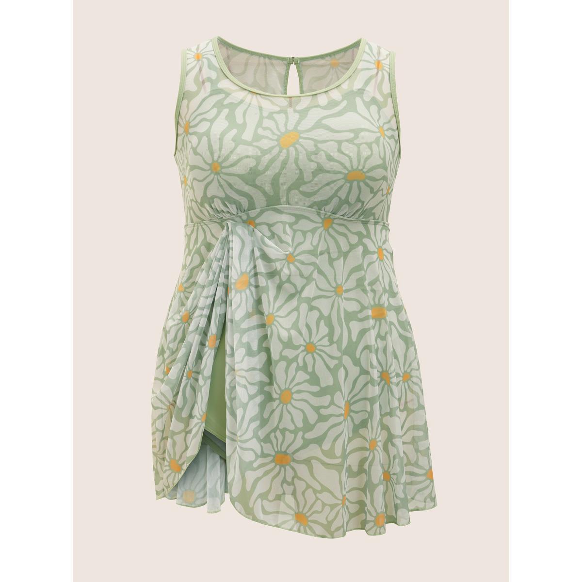 Plus Size Sun Print U Neck See Through Gathered Swim Dress Women's Swimwear Palemauve Beach Bodycon U-neck High stretch Curve Swim Dresses BloomChic 18-20/2X Product Image