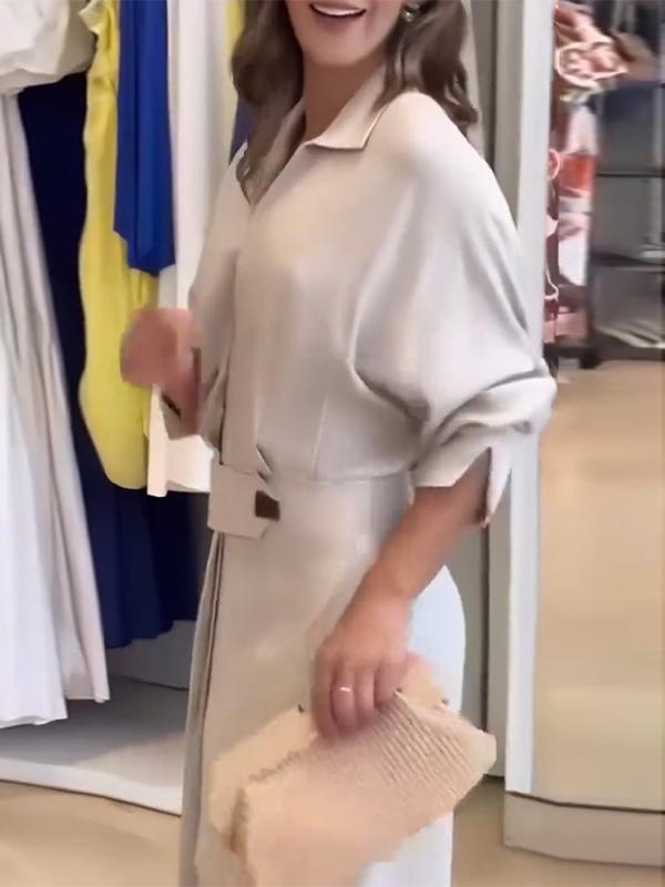 Long Sleeves Loose Split-Joint Split-Side V-Neck Maxi Dresses Shirt Dress Product Image