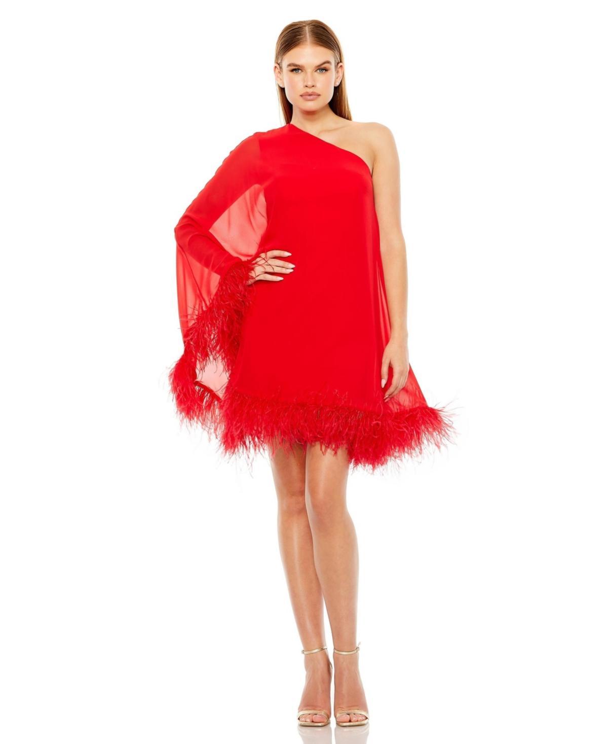 Womens Feather-Trimmed Trapeze One-Shoulder Dress Product Image