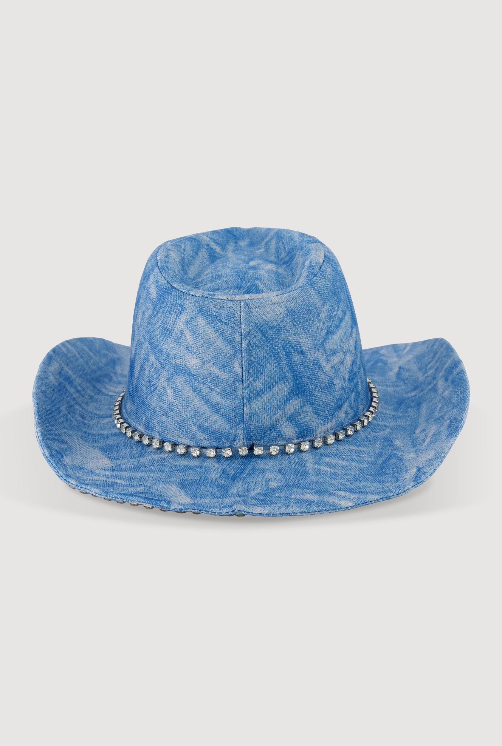 Rhinestone Trim Denim Print Cowboy Hat Female Product Image