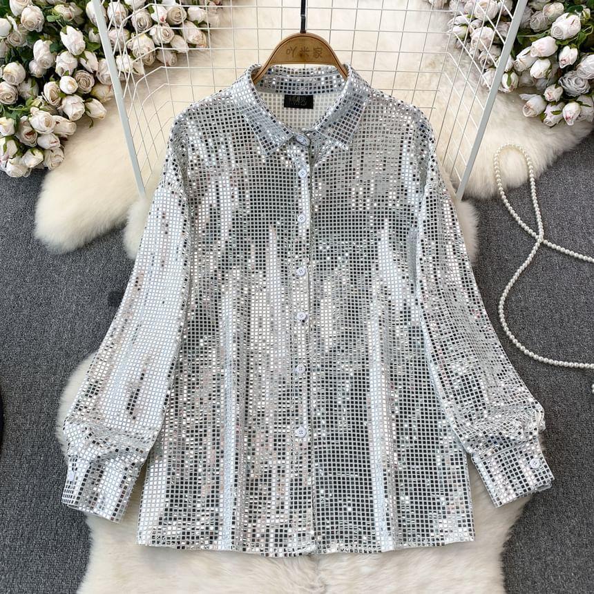 Long-Sleeve Sequin Shirt Product Image