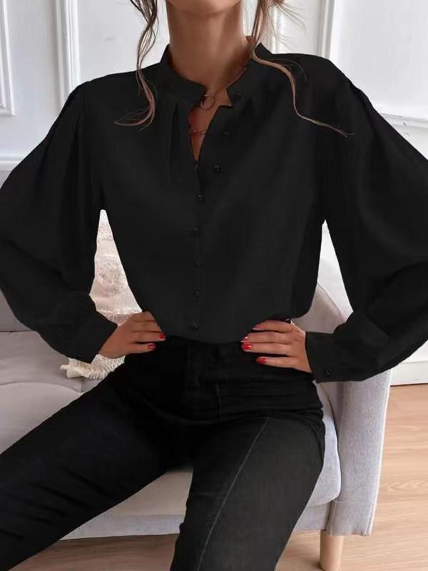 Loose Puff Sleeves Pleated Solid Color Split-Joint Stand Collar Blouses Product Image