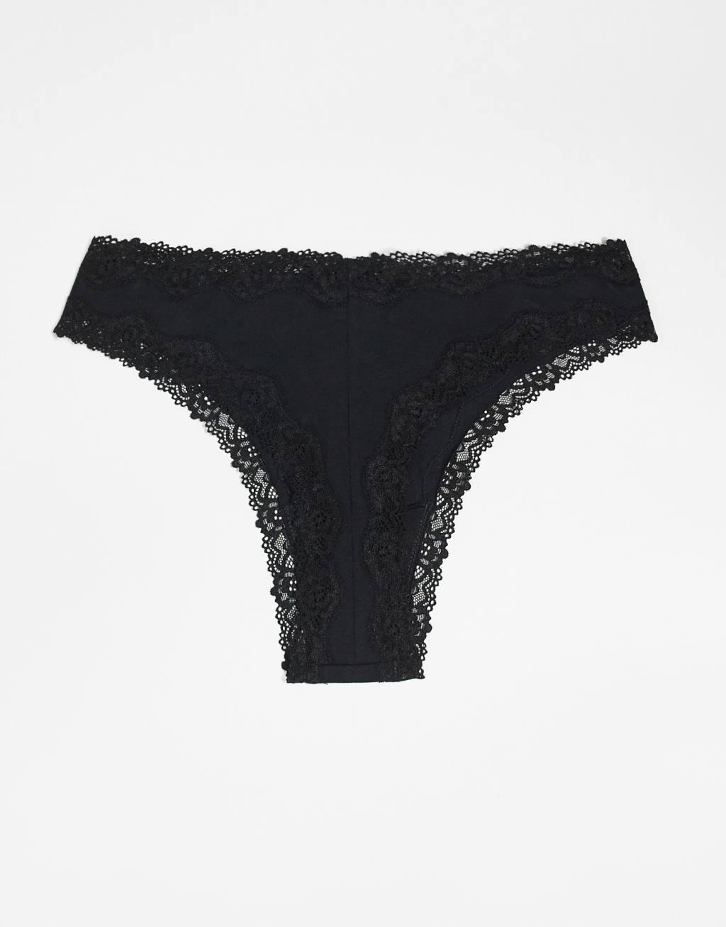 ASOS DESIGN 3 pack cotton & lace trim high rise malibu thong in black Product Image