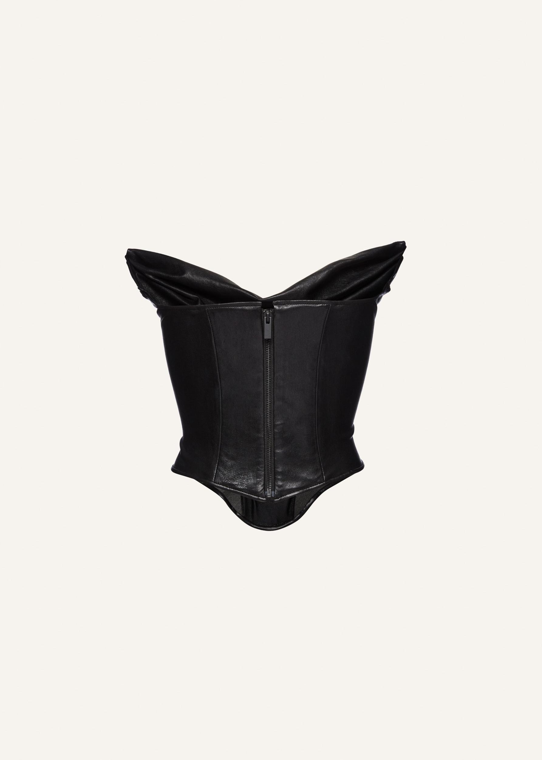 Draped strapless leather corset in black Product Image